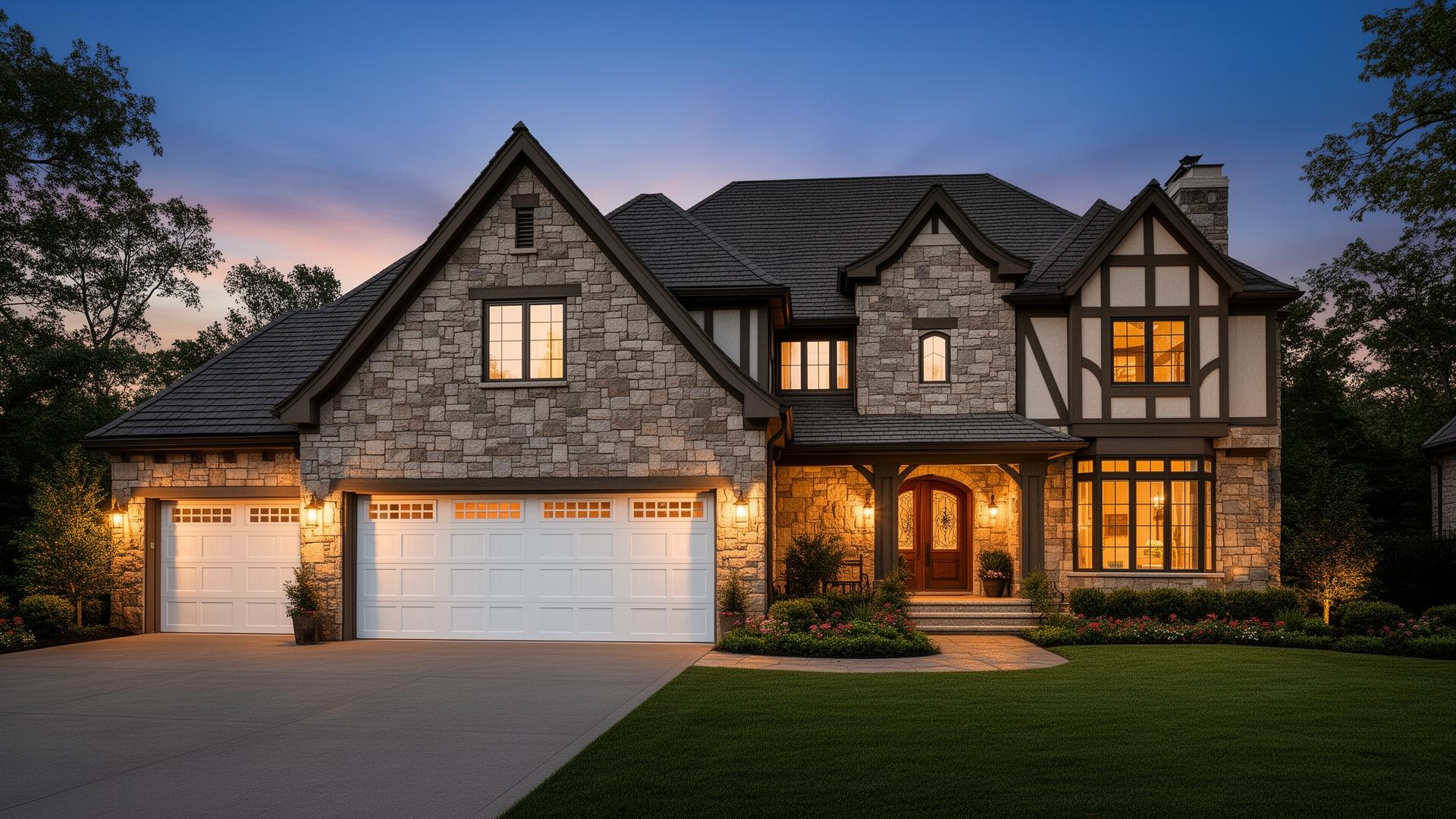 Beautiful Tudor home with traditional raised panel steel garage doors - Garage Door Salkum professional installation